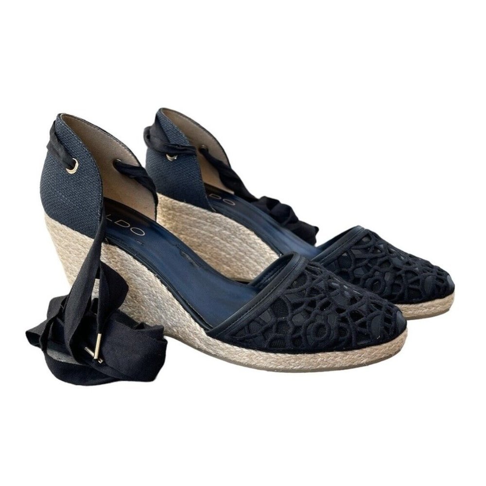 Aldo Espadrille Wedge Wrap Sandals Black Size 9 Lace Sandals